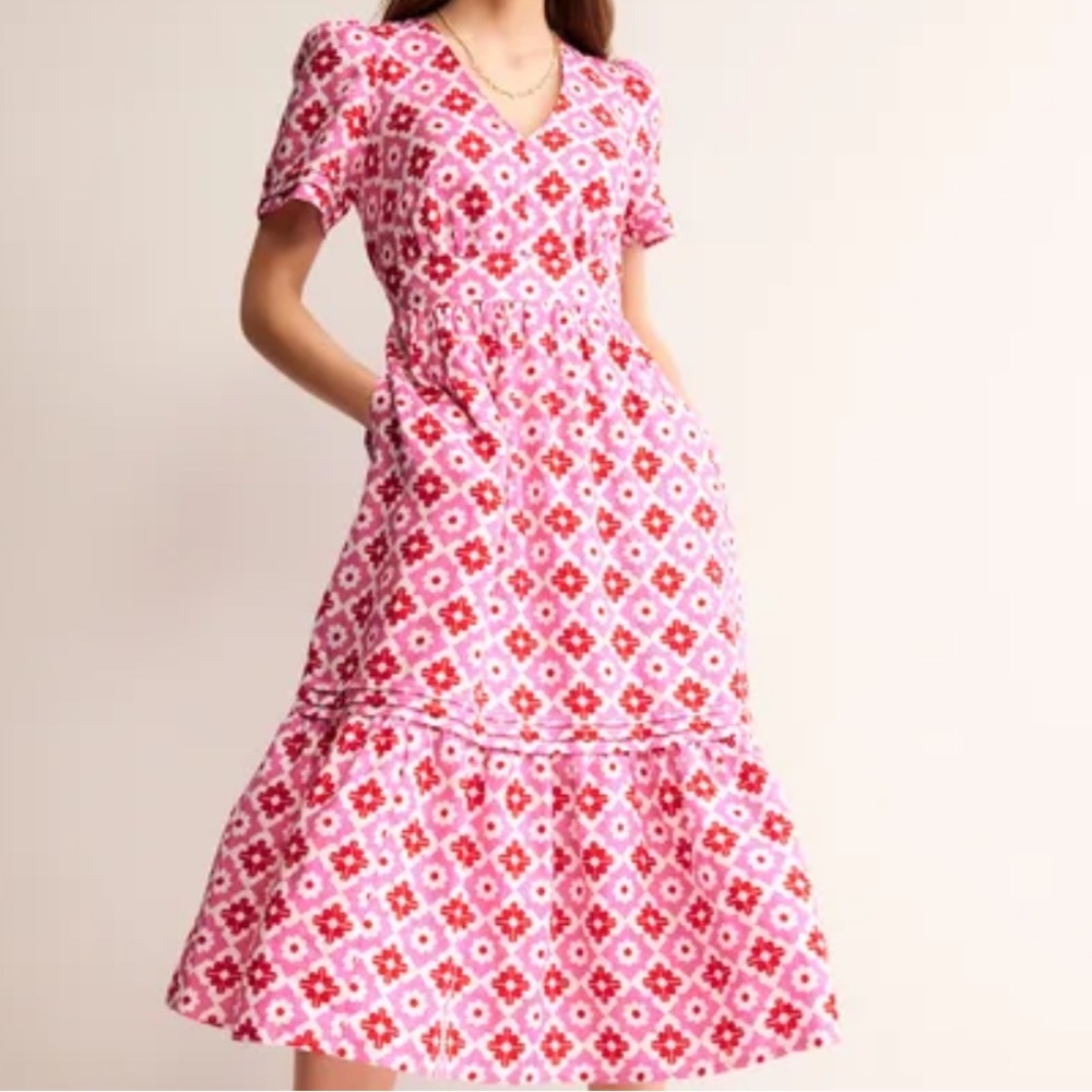 NWT Boden Red and Pink Pattern Midi Dress US12L 100% Linen New!